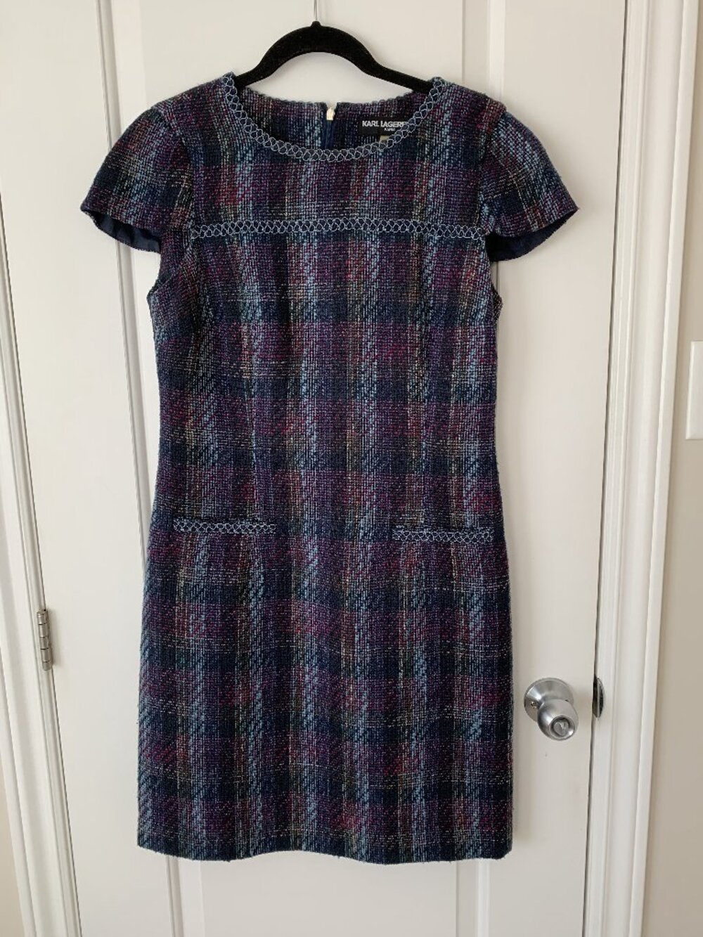 Karl Lagerfeld Paris Tweed Plaid Sheath Dress Braided Trim - Size 8